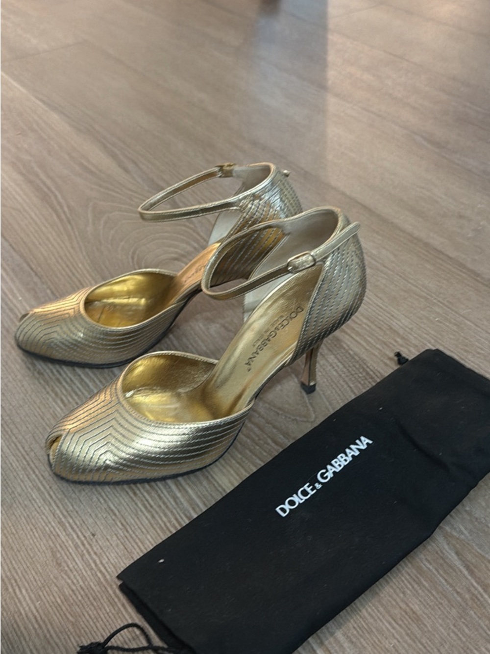 Dolce & Gabbana Metallic Gold Ankle-Strap Peep-Toe Heels